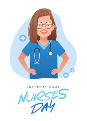 International Nurses Day. Beautiful woman nurse with glasses, with a stethoscope, in a blue medical shirt