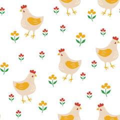 Hand Drawn ?ute chicken cartoon character seamless pattern vector illustration