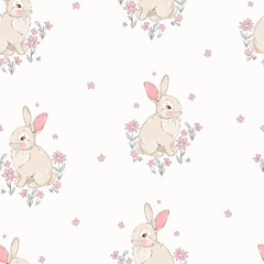 Hand drawn Cute rabbits, mother and baby, and flowers background vector seamless pattern