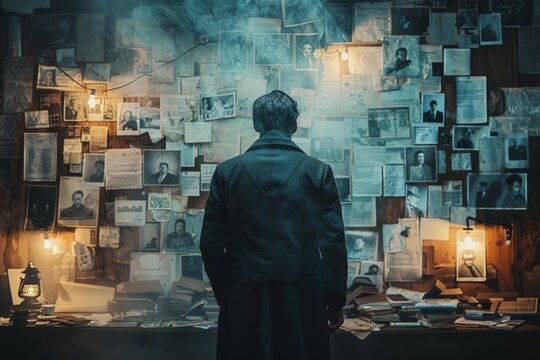 A man stands surrounded by a plethora of photos and notes, creating a sense of mystery and investigation in a dim room
