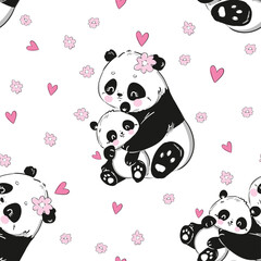 Hand Drawn Cute Panda Bear mother and panda baby seamless pattern vector illustration, Mother day design