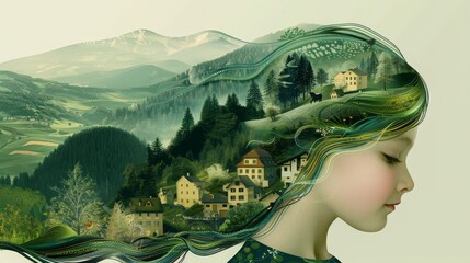 Portrait of a girl with a lush forest and a mountain village embedded in the silhouette of her hair.