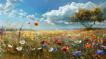 A tranquil meadow blanketed with a carpet of colorful wildflowers, swaying gently in the breeze under the African sun.