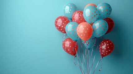 A bunch of colorful balloons with red and blue polka dots