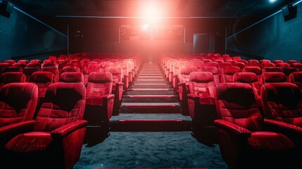Cinema auditorium with red seats and a row of chairs
