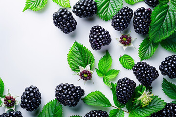 Fresh ripe blackberries and raspberries with leaves on a white background