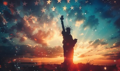 Full body silhouette of the Statue of Liberty against a USA flag and stars in the sky at sunset. - obrazy, fototapety, plakaty