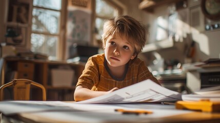 A thoughtful child sitting at a desk surrounded by papers and sunlight, with a contemplative expression on their face. - obrazy, fototapety, plakaty