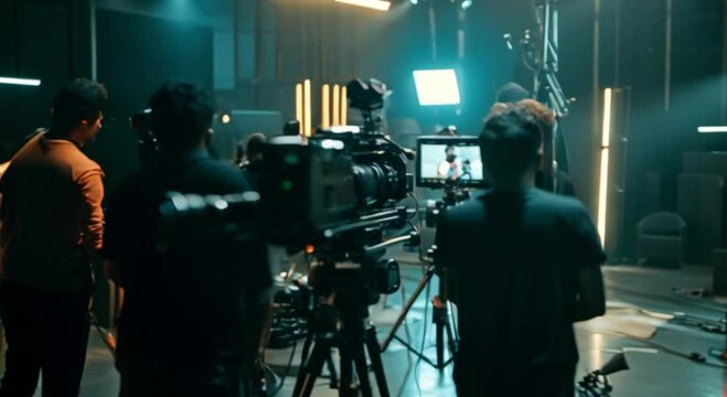 Film Crew Shooting Video Production in Studio with Lighting Equipment