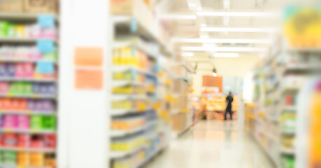 Supermarket shelf blur Background Interior Store Market Corridor Big Distribution Rack Building Grocery Shop Retail Shelves Food Mall Product Inside Hall Display Promotion, Merchandise Interior .