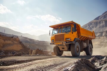 Orange off-road utility truck driving through a dusty quarry - obrazy, fototapety, plakaty