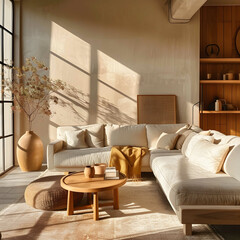 Cozy, elegant living room with comfortable sofa, plush pillows, and natural greenery.