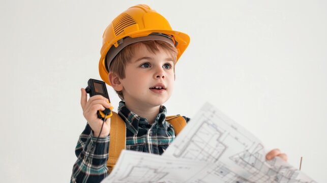 Young child dressed as a construction worker holding blueprints and a walkie-talkie, looking up thoughtfully, embodying creativity and aspiration.