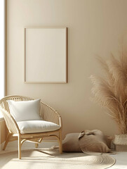 Frame mockup in contemporary minimalist beige room interior, 3d render, Generative AI