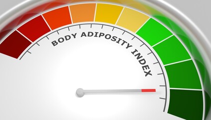 Body adiposity index good level on measure scale. Instrument scale with arrow. Colorful infographic gauge element. Healthy life information. 3D render