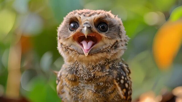 Cute baby owl chick sit in a nest or on branch waiting for food. surrounded by Spanish moss leaves in a forest. Mother looks out at pretty to feed the cute juvenile bird that has fluffy white feathers