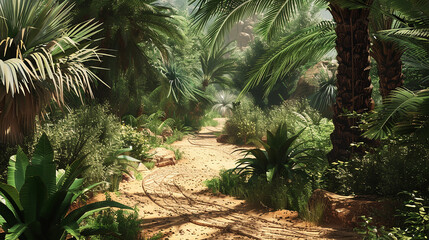 A winding trail snaking through dense foliage, leading to a hidden oasis nestled deep within the...
