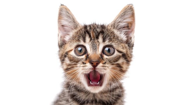 closeup of young scottish fold cat with big surprised eyes isolated on white background concept of funny and adorable pets
