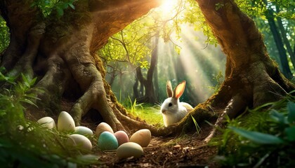 A hidden grove where the Easter Bunny hides eggs under ancient trees with sunlight piercing through the foliage.