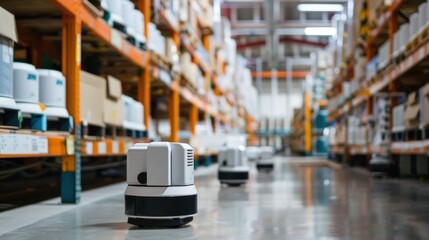 Autonomous robots navigating through warehouse aisles, optimizing logistics with shelves stacked with goods and boxes in an industrial setting.