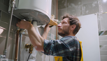 Fototapeta na wymiar Male plumber adjusting boiler in bathroom