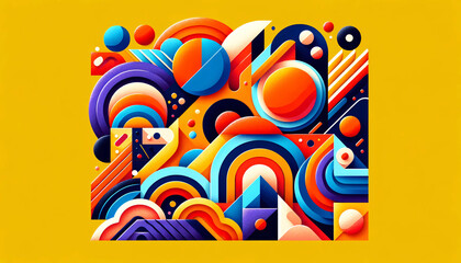 A bold and vibrant geometric composition that features a mix of abstract shapes, including circles, triangles, rectangles, and curves