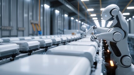 Robotic arm handling products on an assembly line within an industrial manufacturing facility. Automation and technology in modern production. - obrazy, fototapety, plakaty