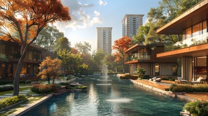 A beautiful residential area with a large pool and a fountain - Powered by Adobe