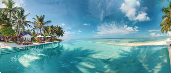 A panoramic view of the turquoise lagoon pool at An Rendering paradise in Maldives, overlooking...