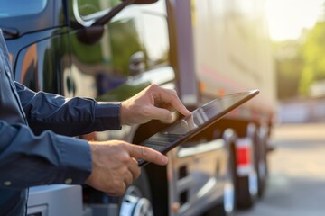 Truck driver using digital tablet for signing delivery documents