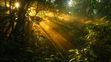 Golden sunlight filtering through the canopy, casting intricate patterns on the forest floor of...