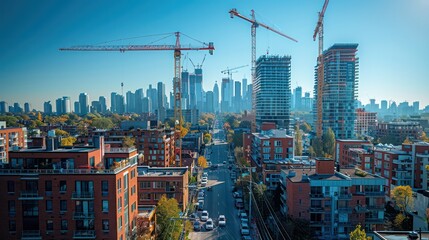 Fototapeta premium Towering cranes dominate the skyline, symbols of progress and development in urban centers.