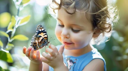 Adorable child admiring a butterfly in nature, embodying innocence and curiosity