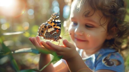 Joyful child interacting with a colorful butterfly in nature - Powered by Adobe