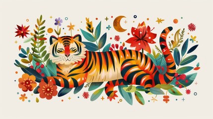 Elegant Tiger in Folk Art Style Surrounded by Flowers and Leaves - obrazy, fototapety, plakaty