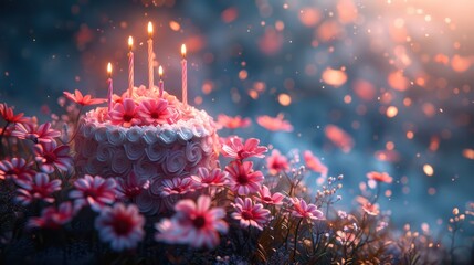 A cake with four candles on top of it is surrounded by pink flowers