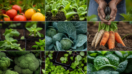 A collage of seasonal activities in a vegetable garden, including planting, watering, and harvesting, highlighting the joys and rewards of homegrown produce - obrazy, fototapety, plakaty