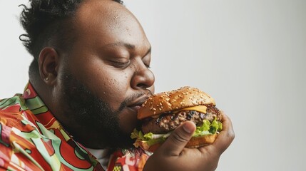 Indulgent moment: Plus-size man enjoying a delicious gourmet burger