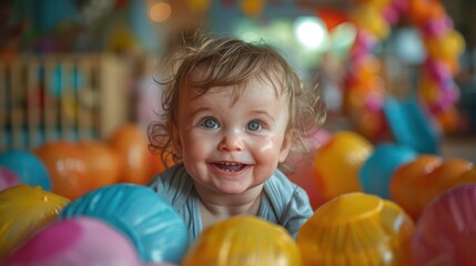 A baby is playing with a bunch of colorful balls