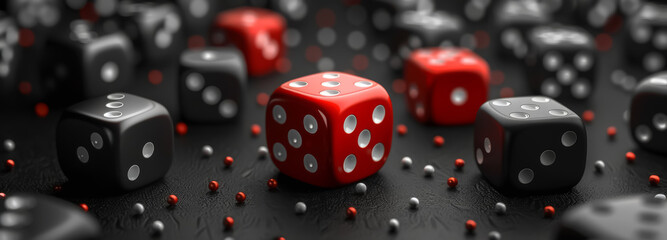 Captivating image of dice mid-roll on a dark background, hinting at chance and gaming excitement