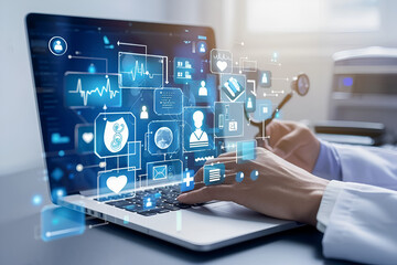 Doctor's hands typing on laptop. Telemedicine consultation