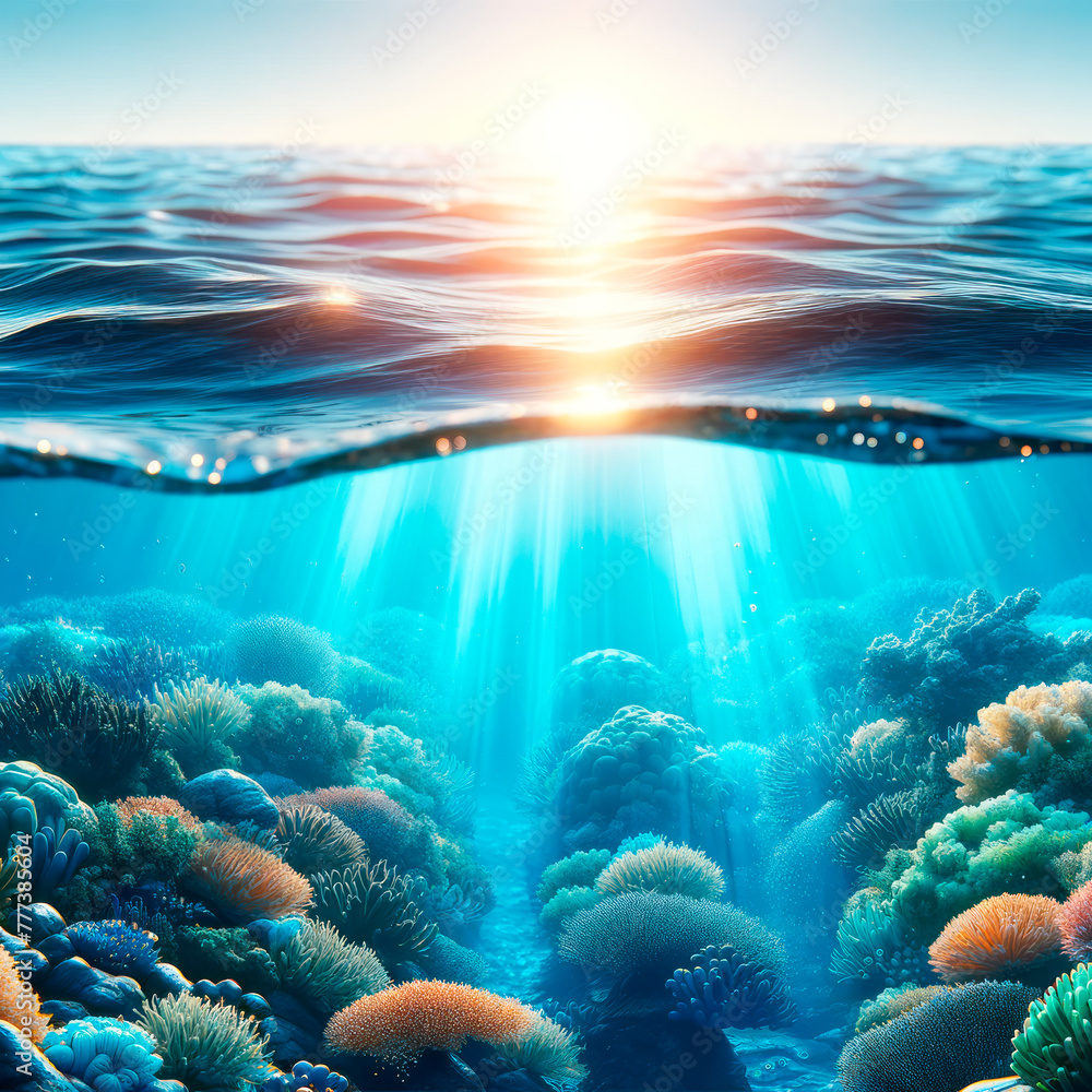 Poster sunlight filtering through ocean surface, highlighting underwater coral valley. ecosystem vibrancy c