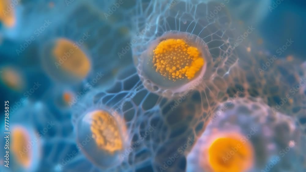Poster a of pollen grains captured under the microscope displaying a mesmerizing pattern of interconnected 