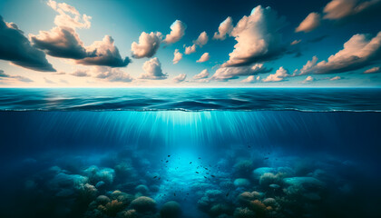 Ocean surface and underwater coral reef with marine life. Ecosystem, digital art. Generative AI