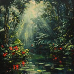 Lush Green Tropical Rainforest with Vibrant Leaves, Red Flowers, Sun Rays, and Serene Lake