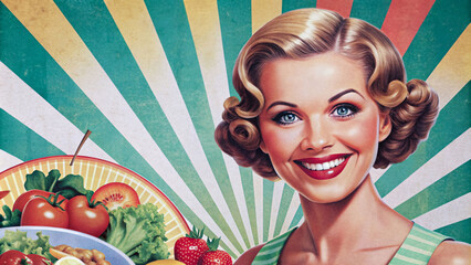 healthy food in retro style, woman presents fruit and vegetables on dish