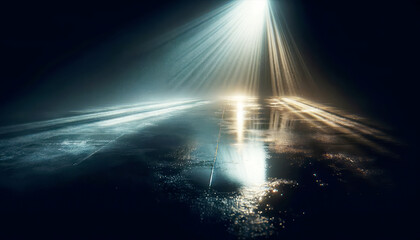 Dramatic light rays casting over wet road surface. Concept of hope and discovery. Generative AI