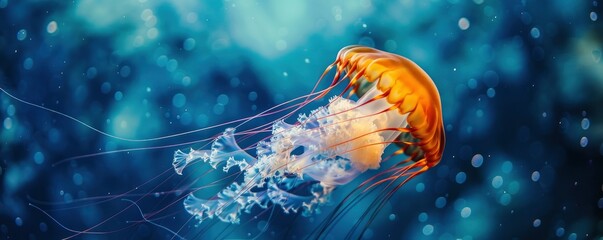 A beautiful jellyfish gracefully glides through the deep blue ocean - obrazy, fototapety, plakaty
