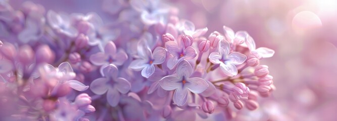 A closeup of delicate pastel lilac flowers in soft focus, with the background romantic floral pattern,