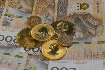 Gold coins with Polish zloty notes in background.
